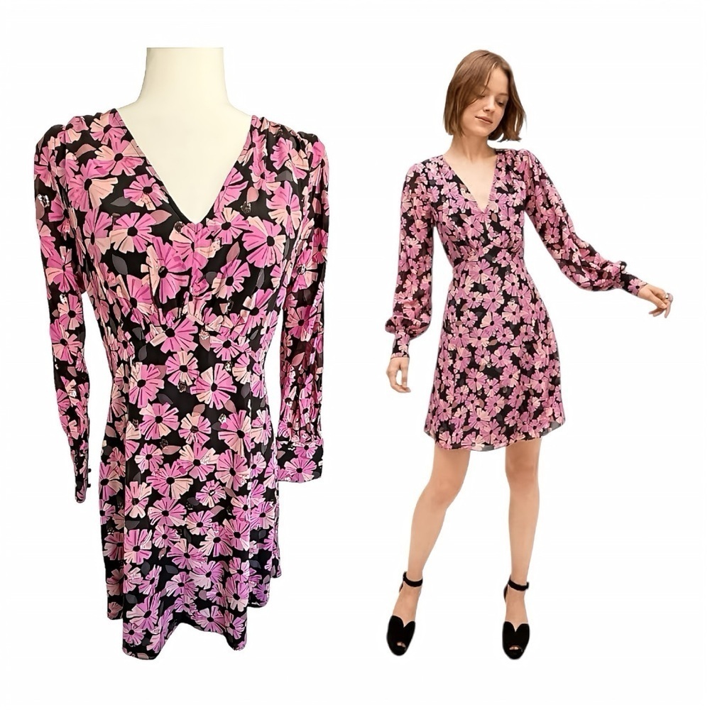 Kate Spade Wallflower Silk Metallic Chiffon Dress 4 Black Pink Floral Pullover
